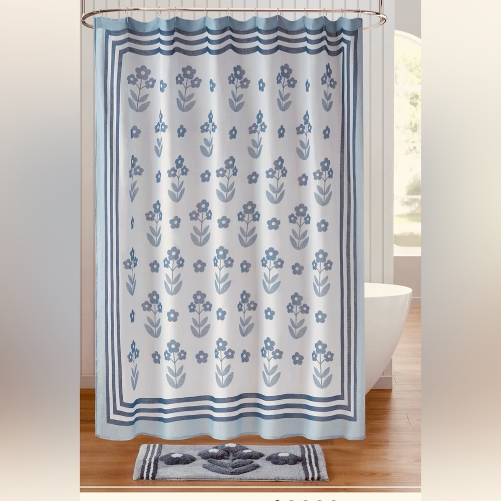 Caro Home 2pc Floral Print Shower Curtain & Bath Rug With Contrasting Border Set
